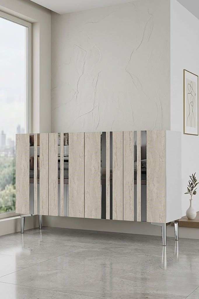 Κονσόλα Μπουφές 120x75x32 εκ Λευκό / Τραβερτίνο / Ασημί 555CHM1521