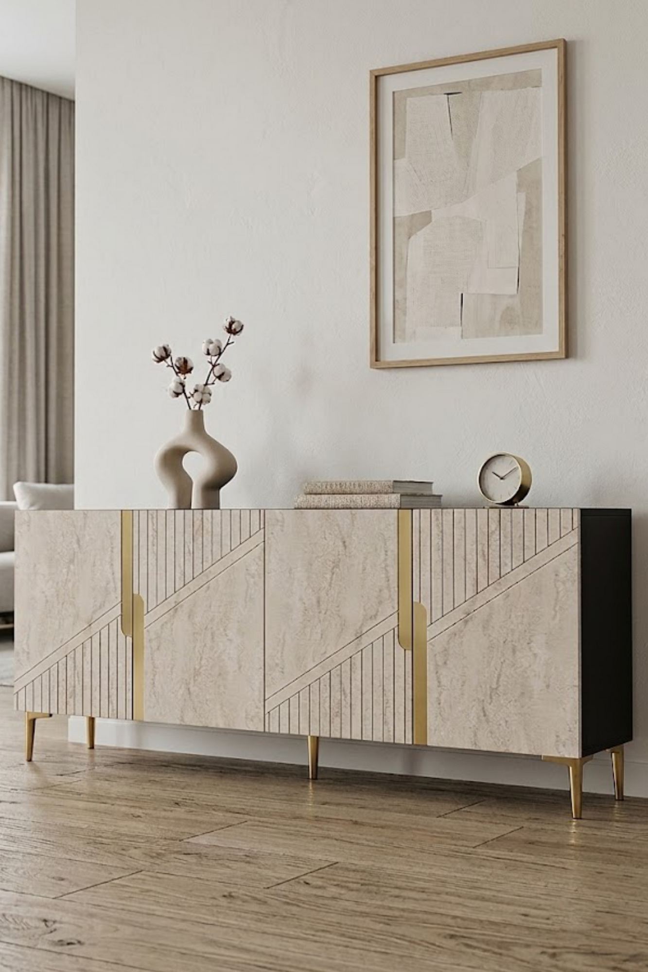 Κονσόλα Μπουφές 125x75x32 εκ Ανθρακί / Τραβερτίνο / Χρυσό 555CHM1573