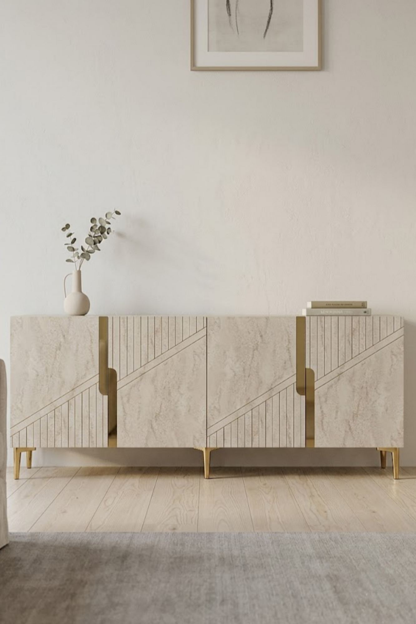 Κονσόλα Μπουφές 125x75x32 εκ Ανθρακί / Τραβερτίνο / Χρυσό 555CHM1573