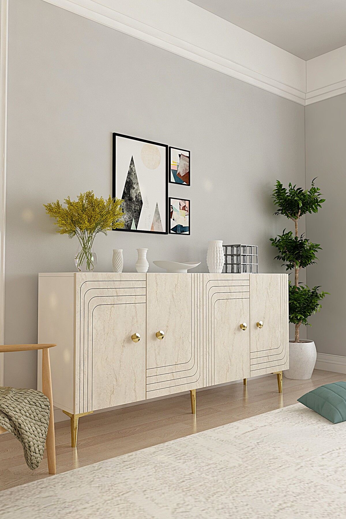 Κονσόλα Μπουφές 150x75x32 εκ Λευκό / Τραβερτίνο 555CHM1583