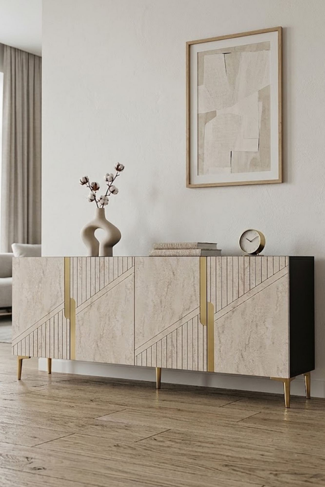 Κονσόλα Μπουφές 150x75x32 εκ Ανθρακί / Τραβερτίνο / Χρυσό 555CHM1593