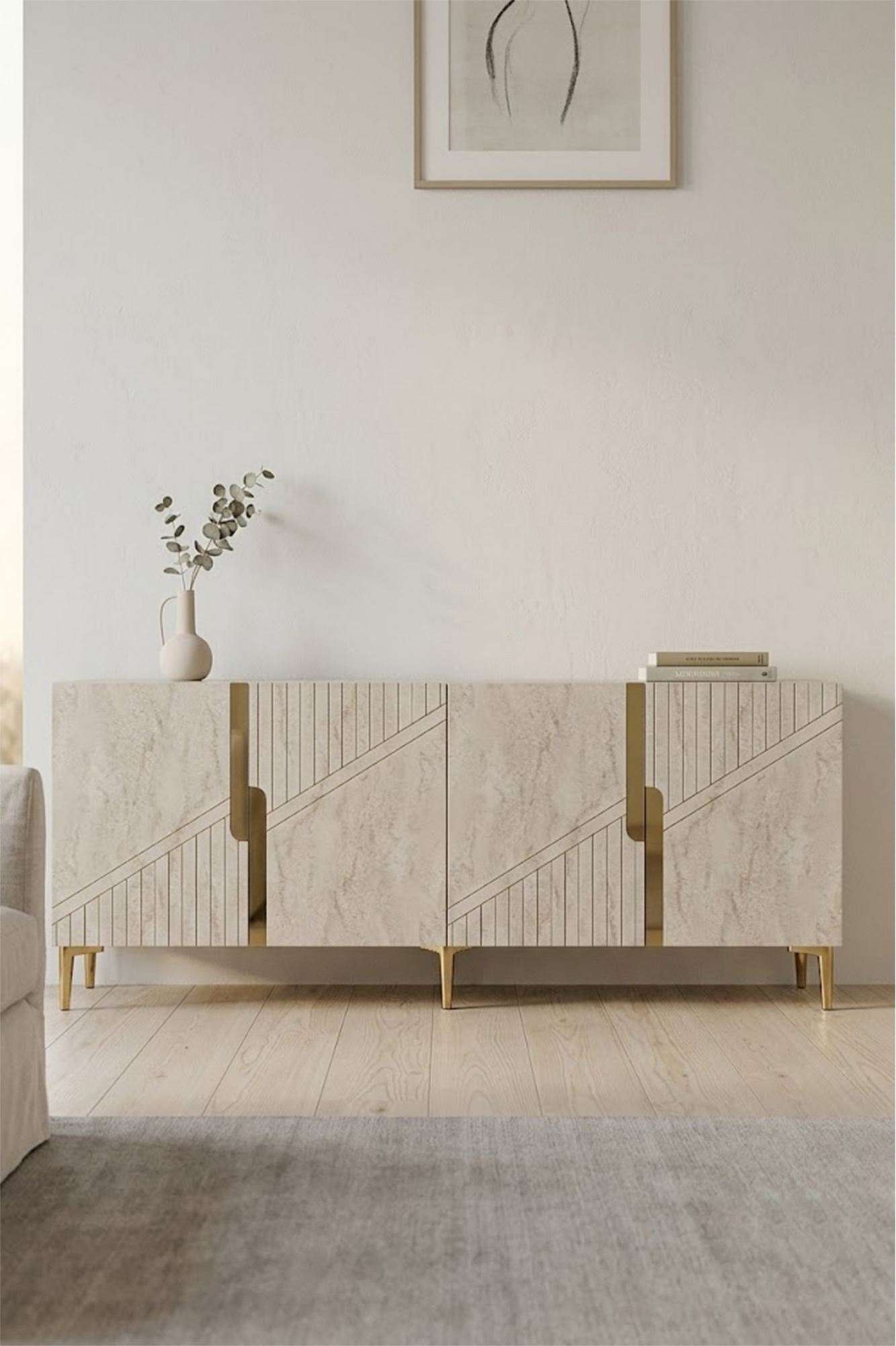 Κονσόλα Μπουφές 150x75x32 εκ Ανθρακί / Τραβερτίνο / Χρυσό 555CHM1593