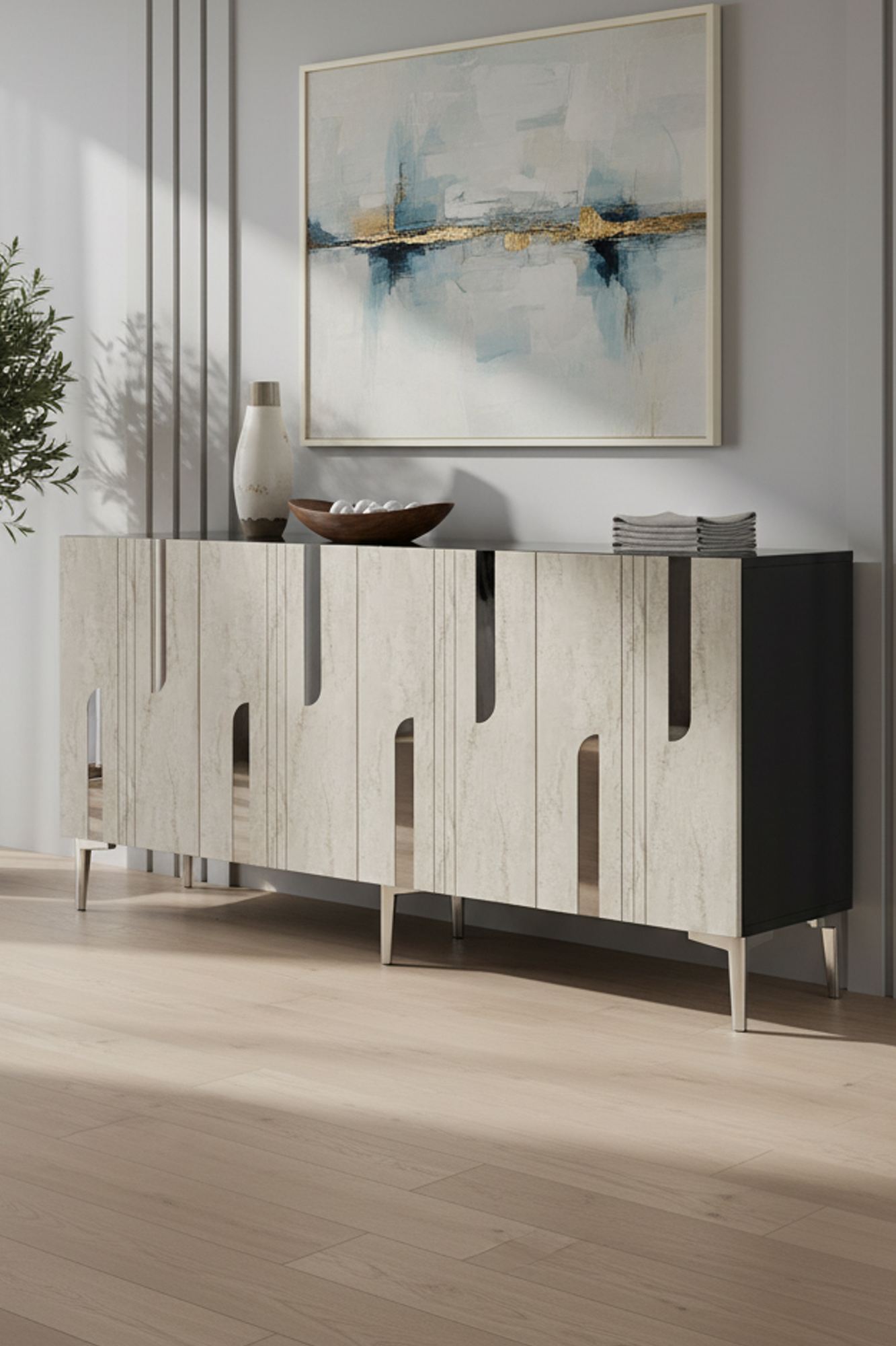 Κονσόλα Μπουφές 150x75x32 εκ Ανθρακί / Τραβερτίνο / Ασημί 555CHM1703