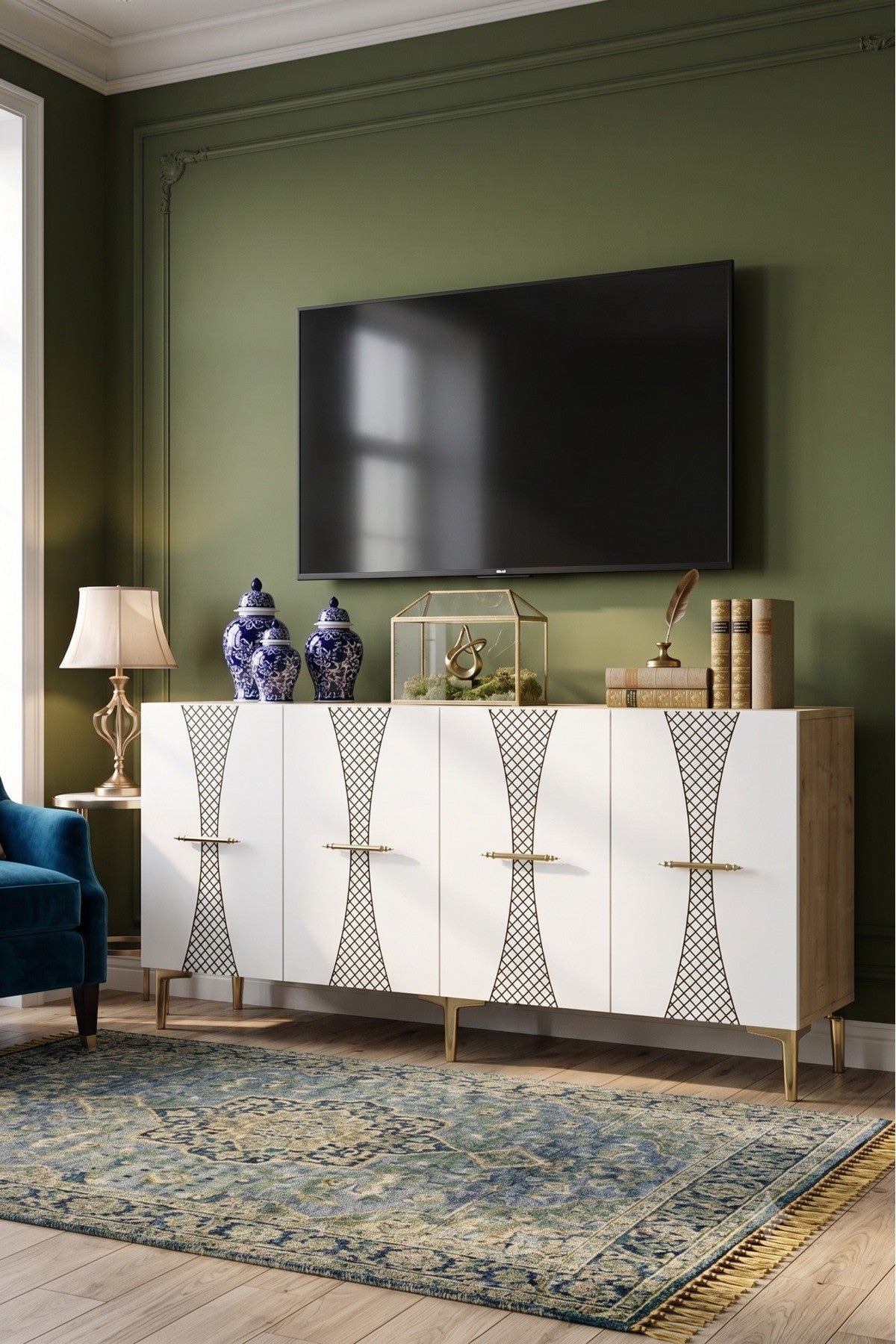 Κονσόλα Μπουφές 150x75x32 εκ Δρυς Sapphire / Λευκό / Χρυσό 555CHM1711