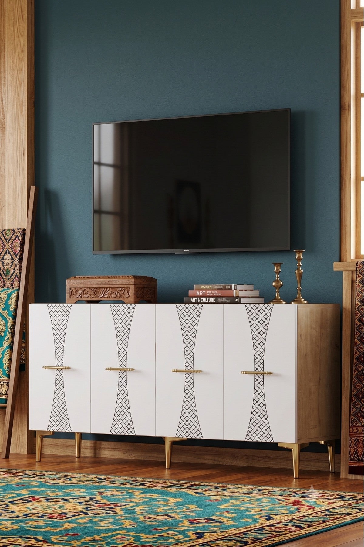 Κονσόλα Μπουφές 150x75x32 εκ Δρυς Sapphire / Λευκό / Χρυσό 555CHM1711