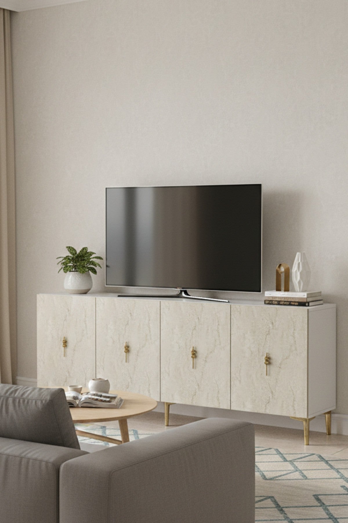 Κονσόλα Μπουφές 180x75x32 εκ Λευκό / Τραβερτίνο / Χρυσό 555CHM1735