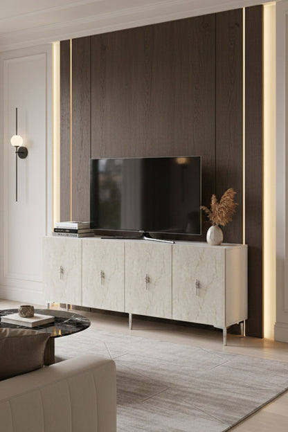 Κονσόλα Μπουφές 180x75x32 εκ Λευκό / Τραβερτίνο / Ασημί 555CHM1736