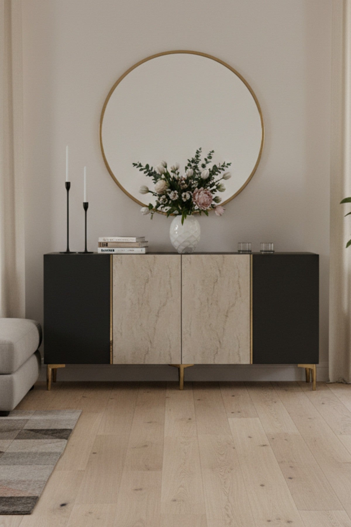 Κονσόλα Μπουφές 150x75x32 εκ Ανθρακί / Τραβερτίνο / Χρυσό 555CHM1744