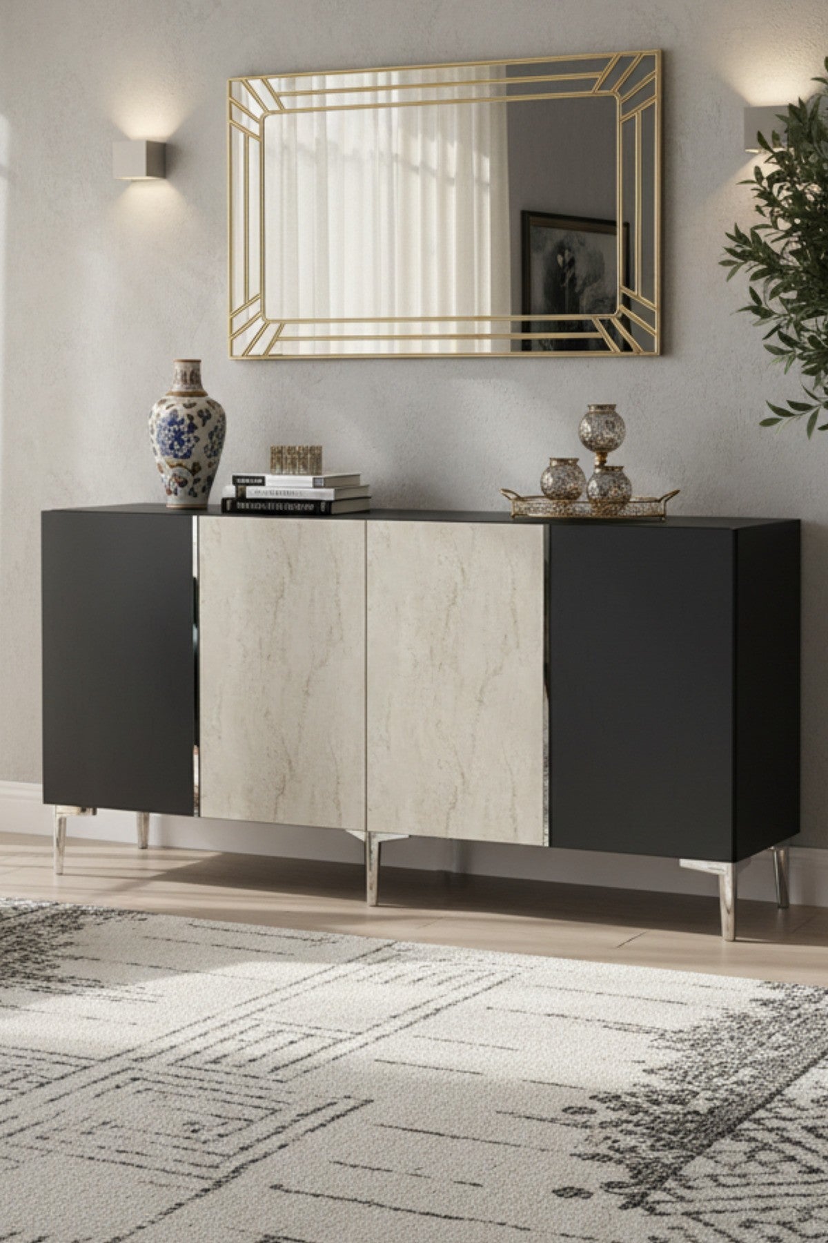 Κονσόλα Μπουφές 150x75x32 εκ Ανθρακί / Τραβερτίνο / Ασημί 555CHM1745