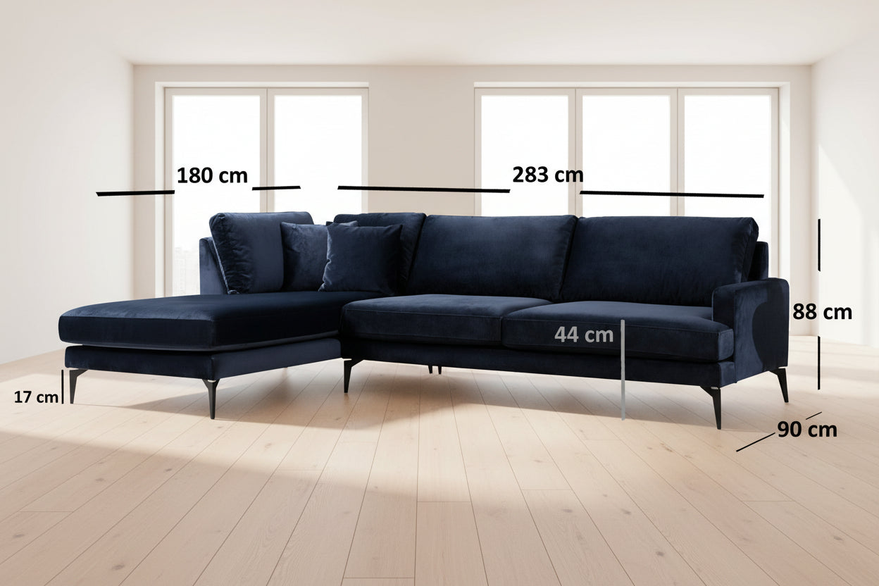 Μεγάλος Γωνιακός Καναπές Μπλε Σκούρο Βελούδο Ύφασμα που καθαρίζεται στεγνά 560ARE1114