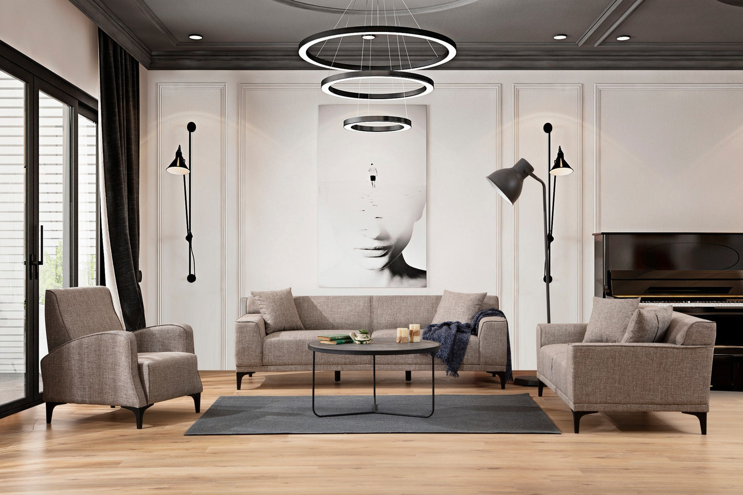 Καναπές Τριθέσιος Υφασμάτινος για Σαλόνι Γραφείο Κάμελ με 2 μαξιλάρια 560ARE1527