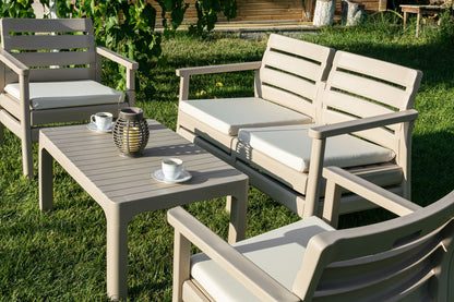 Σαλόνι Κήπου Μπεζ με Μαξιλάρια Καθιστικό Μπαλκονιού σετ 4 τεμ Καναπές Διθέσιος Πολυθρόνες Τραπεζάκι 567OKK1302