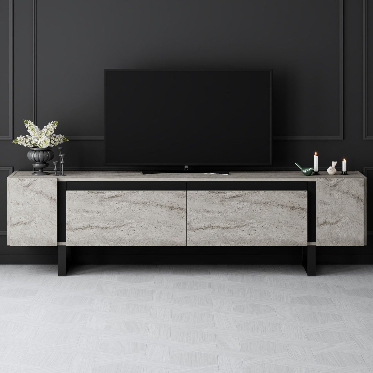 Έπιπλο Τηλεόρασης TV Βάση Σύνθεση Travertine Μαύρο | 618BLY1277