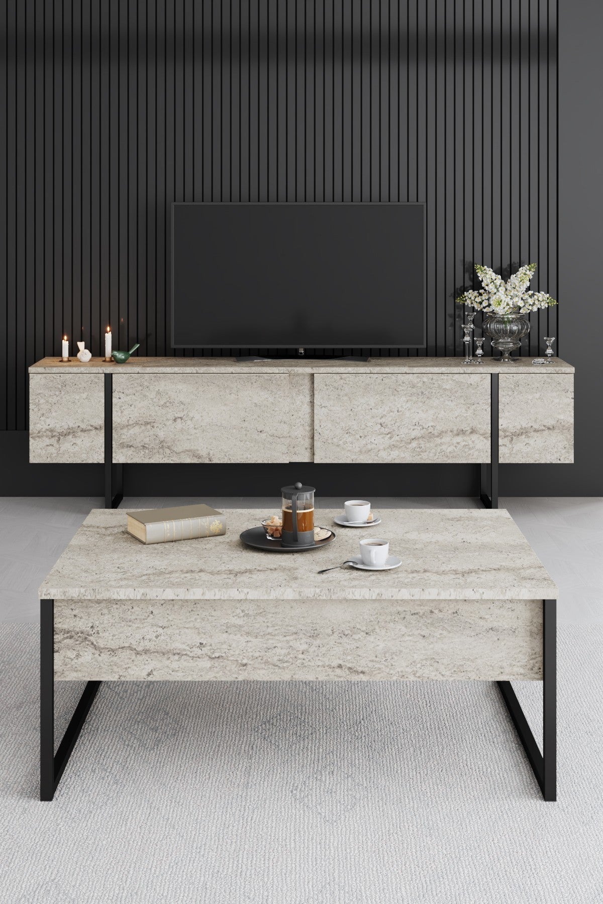 Τραπεζάκι Σαλονιού Travertine - Μαύρο 90 x 60 x 40 εκ GR618BLY1353