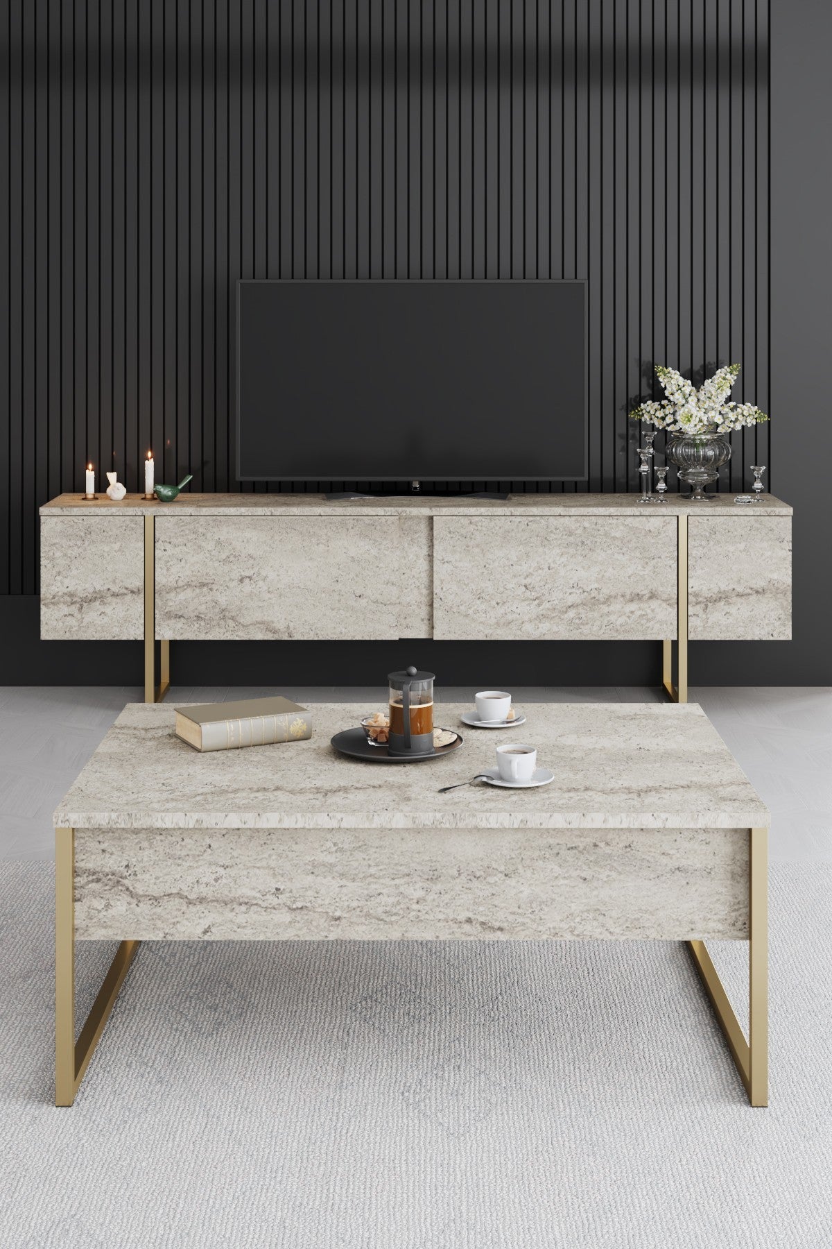 Τραπεζάκι Σαλονιού Travertine - Χρυσό 90 x 60 x 40 εκ GR618BLY1354