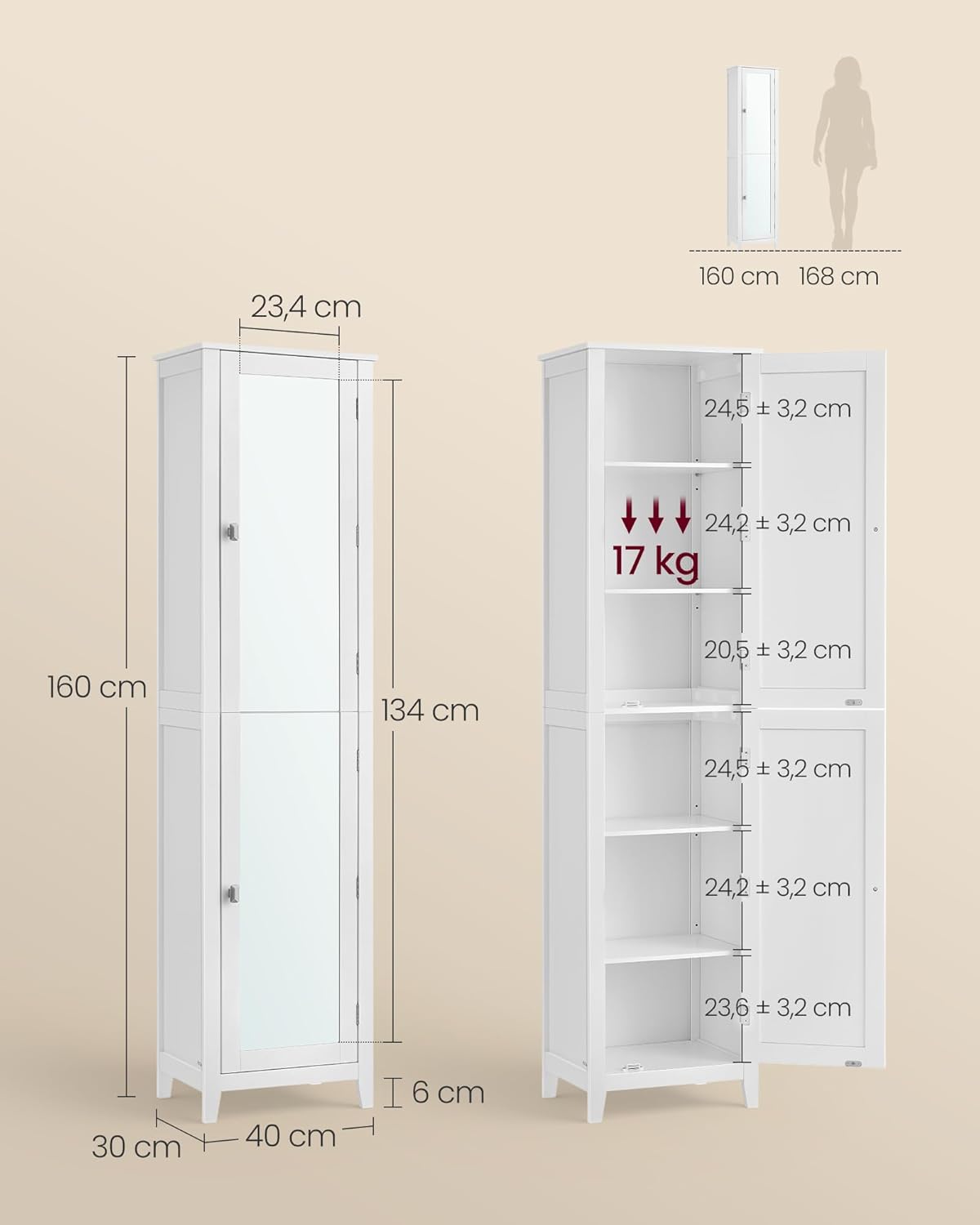 Ντουλάπι Μπάνιου με Ολόσωμο Καθρέφτη Ψηλό Ντουλάπι Εισόδου Ντουλάπι Μπάνιου με Ρυθμιζόμενα Ράφια, 30 x 40 x 160 εκ για Μικρούς Χώρους Σαλόνι Διάδρομος BB-C764WH01