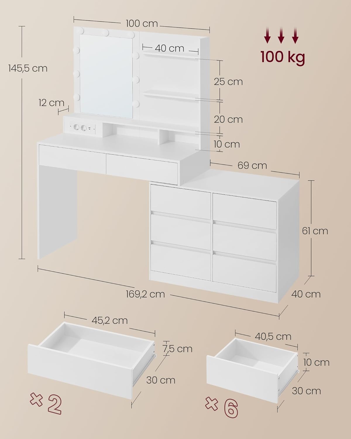 Τραπέζι Μπουντουάρ Μακιγιάζ με Καθρέφτη και Με Συρταριέρα Πτυσσόμενη Σχήμα L φώτα LED Πολύπριζο Συρτάρια 3 χρώματα Φωτός RD-T140WB01