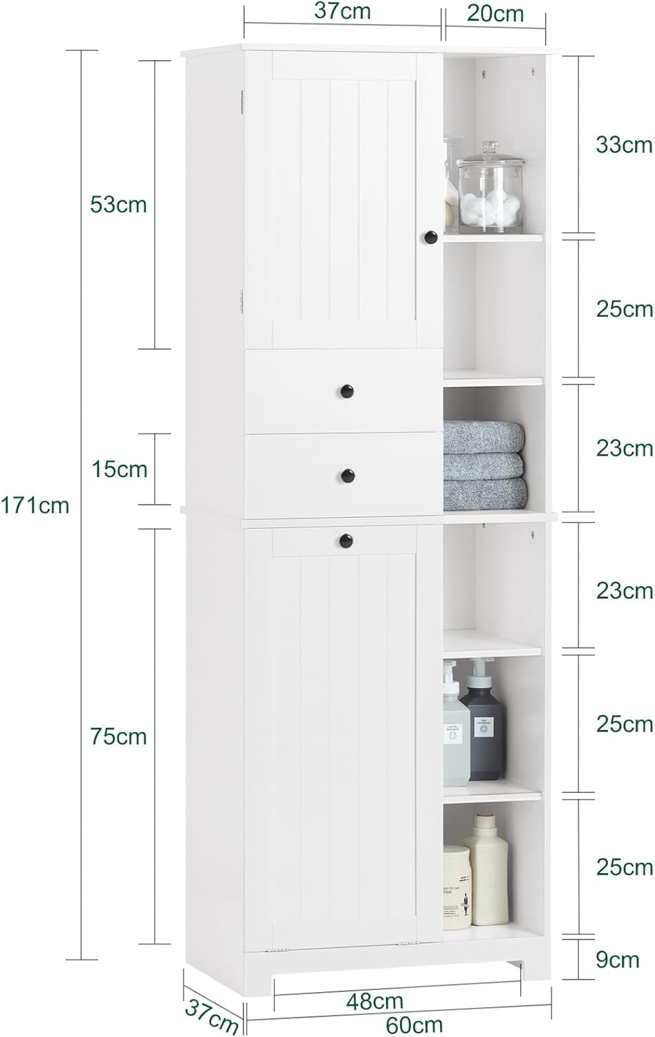 Ψηλό Ντουλάπι Μπάνιου με καλάθι για άπλυτα με Συρτάρια και Ράφια 60 x 171 x 37 εκ B0-CC227H9F