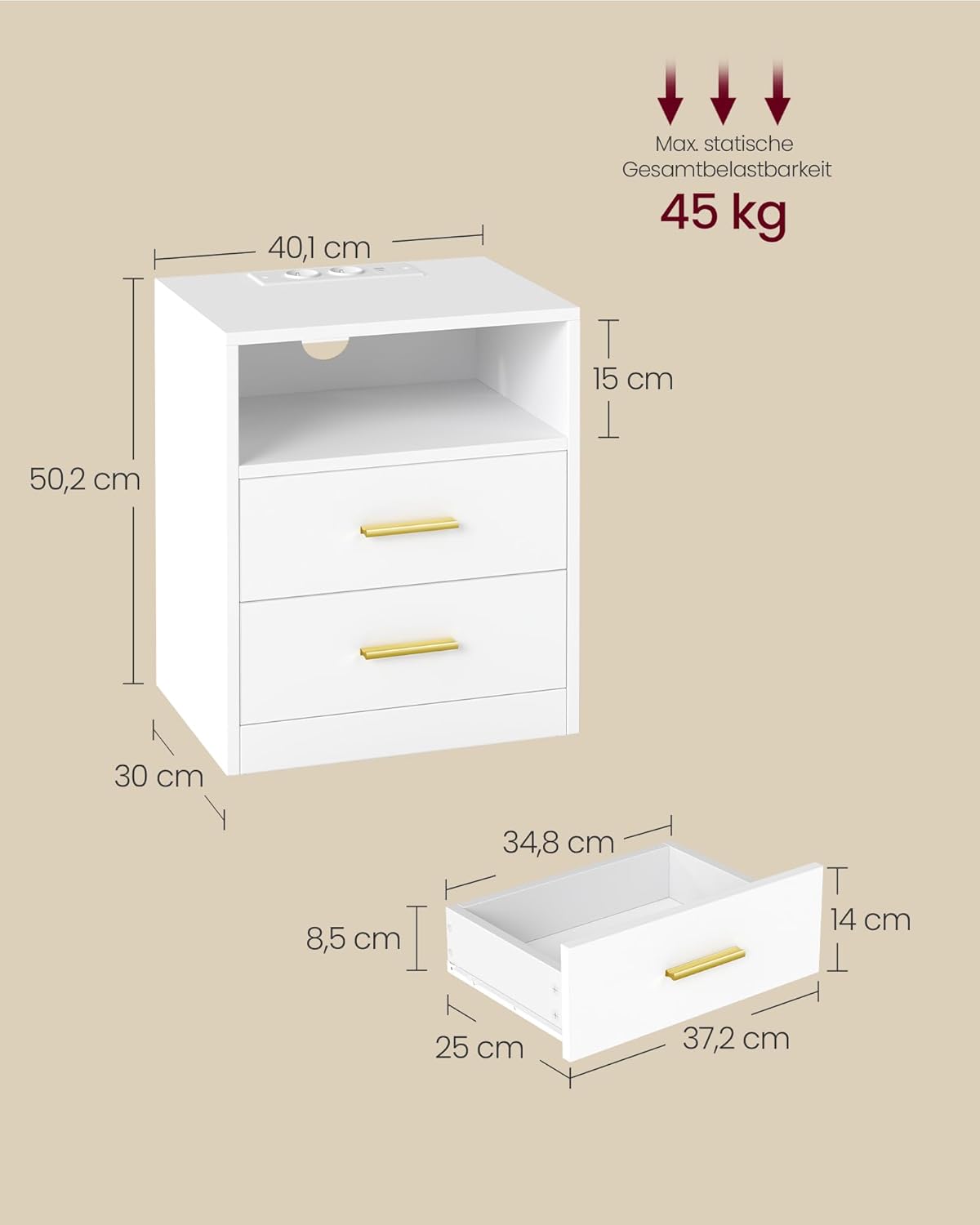 Κομοδίνο Σετ 2 τμχ με LED φωτισμό Κρεβατοκάμαρας με Σταθμό Φόρτισης Θύρες USB και Πρίζες LET-829WB01