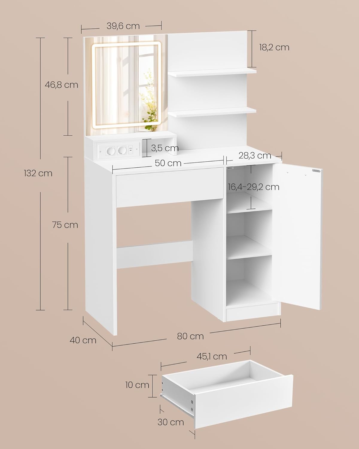 Τραπέζι Μπουντουάρ Μακιγιάζ Tουαλέτας Κρεβατοκάμαρας 80εκ Καθρέφτης με Φωτισμό LED Ρυθμιζόμενο με Πρίζα και USB Θύρες RD-T138W01
