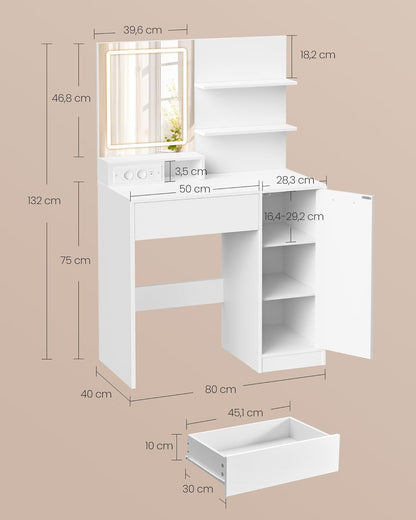 Τραπέζι Μπουντουάρ Μακιγιάζ Tουαλέτας Κρεβατοκάμαρας 80εκ Καθρέφτης με Φωτισμό LED Ρυθμιζόμενο με Πρίζα και USB Θύρες RD-T138W01