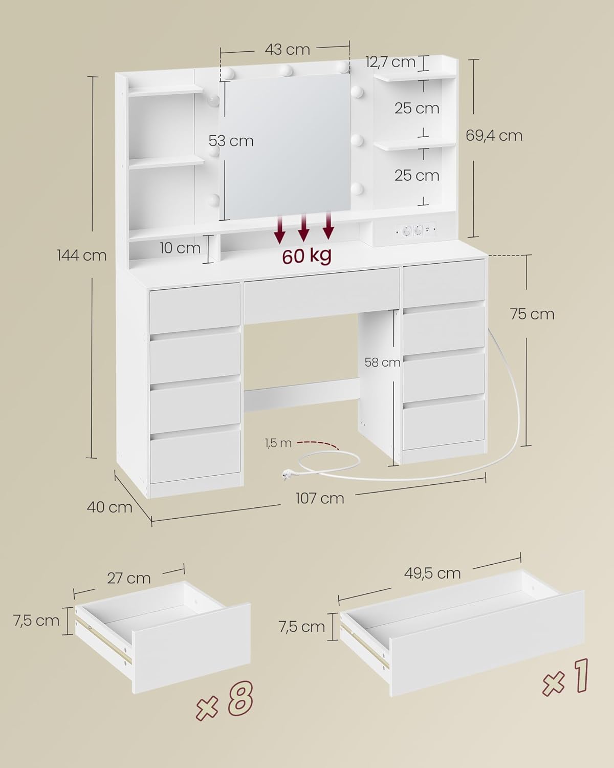 Τραπέζι Μπουντουάρ Μακιγιάζ Tουαλέτας με Καθρέφτη και φώτα LED Πολύπριζο Συρτάρια 3 χρώματα Φωτός RD-T141WB02