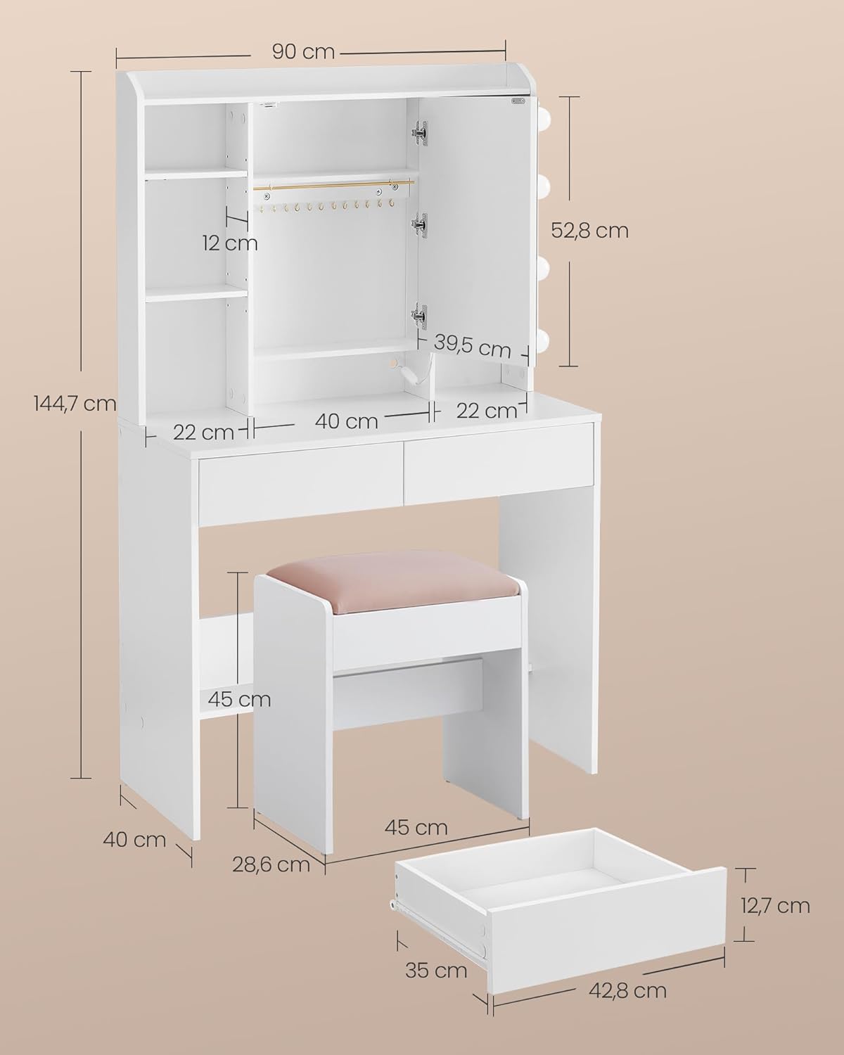 Dressing Table Bedroom Dressing Table Mirror With Cabinet White with LED Lighting Adjustable Brightness RD-T126W01