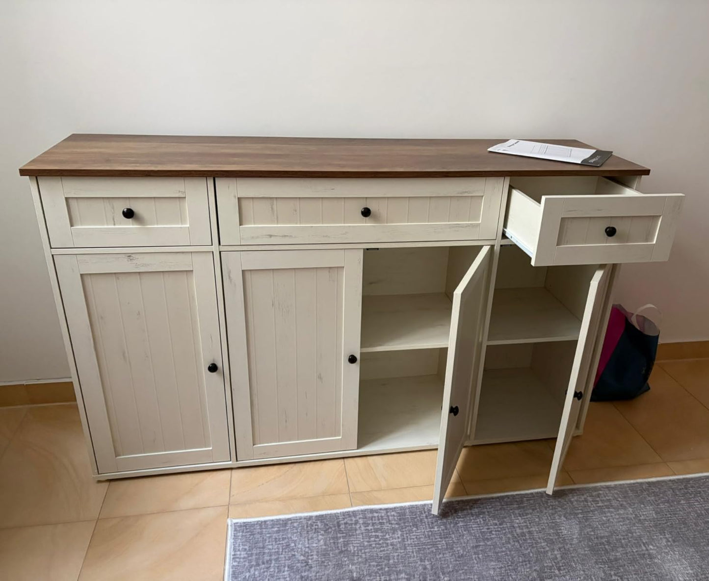 Μπουφές Κουζίνας με Πάγκο Ντουλάπι Βοηθητικό Ράφι Κουζίνας Vintage Λευκό/Μελί Συναρμολόγηση Χωρίς Εργαλεία BB-K376WJ02