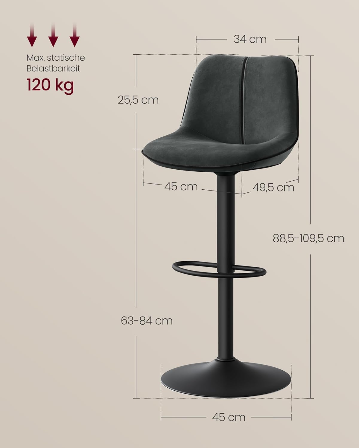 Σκαμπό για Πάσο Κουζίνας Σετ 2 τεμ Εργονομικό Κάθισμα Νησίδας Μπαρ Ρυθμιζόμενο Ύψος 63-84 εκ Μεγάλη Σταθερή Βάση Ανθρακί LJ-B188G01