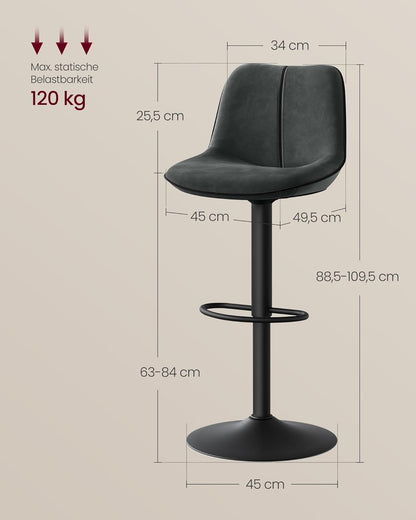 Σκαμπό για Πάσο Κουζίνας Σετ 2 τεμ Εργονομικό Κάθισμα Νησίδας Μπαρ Ρυθμιζόμενο Ύψος 63-84 εκ Μεγάλη Σταθερή Βάση Ανθρακί LJ-B188G01