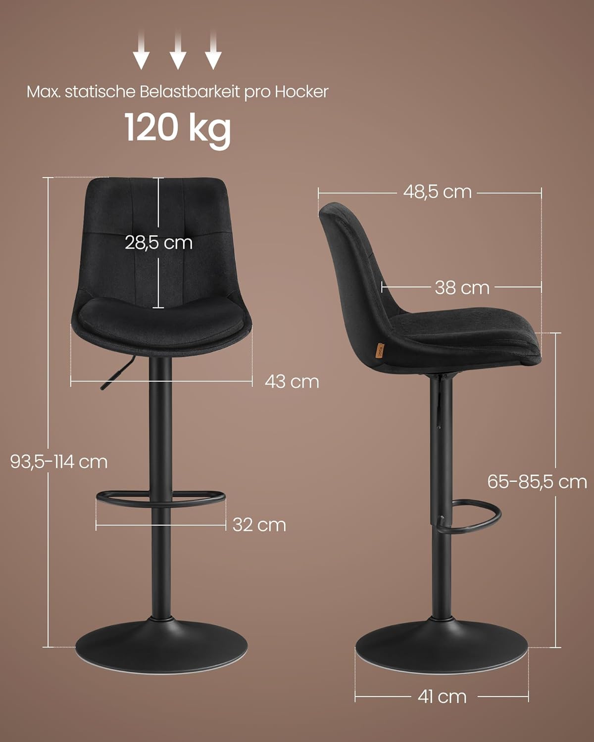 Σκαμπό για Πάσο Κουζίνας Σετ 2 τεμ Εργονομικό Κάθισμα Νησίδας Μπαρ Ρυθμιζόμενο Ύψος 63-84 εκ Μεγάλη Σταθερή Βάση Μαύρο Βελούδο LJ-B198BH01