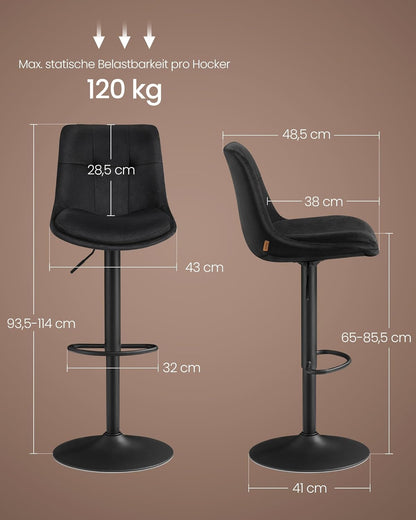 Σκαμπό για Πάσο Κουζίνας Σετ 2 τεμ Εργονομικό Κάθισμα Νησίδας Μπαρ Ρυθμιζόμενο Ύψος 63-84 εκ Μεγάλη Σταθερή Βάση Μαύρο Βελούδο LJ-B198BH01