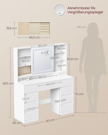 Τραπέζι Μπουντουάρ Μακιγιάζ Tουαλέτας με Καθρέφτη και φώτα LED Πολύπριζο Συρτάρια 10x μεγεθυντικός καθρέφτης 3 χρώματα Φωτός RD-T137W01