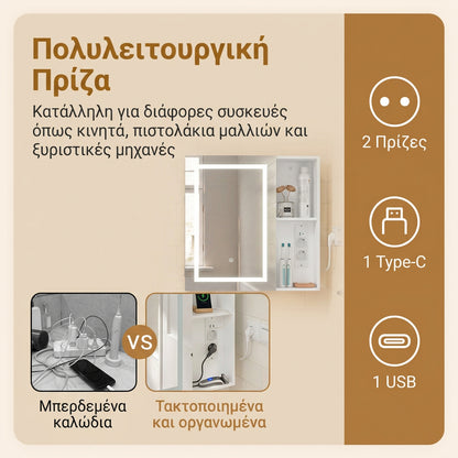 Ντουλάπι Μπάνιου Επιτοίχιο με Καθρέπτη, Φωτισμό LED Αφής, 2 Πρίζες, Θύρα USB και Ανοιχτά Ράφια Αποθήκευσης, Λευκό   60×16×60 εκ. SBY-BZR239-EW