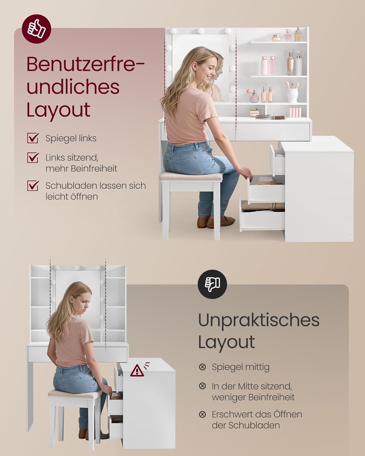 Τραπέζι Μπουντουάρ Μακιγιάζ με Καθρέφτη και Με Συρταριέρα Πτυσσόμενη Σχήμα L φώτα LED Πολύπριζο Συρτάρια 3 χρώματα Φωτός RD-T140WB01