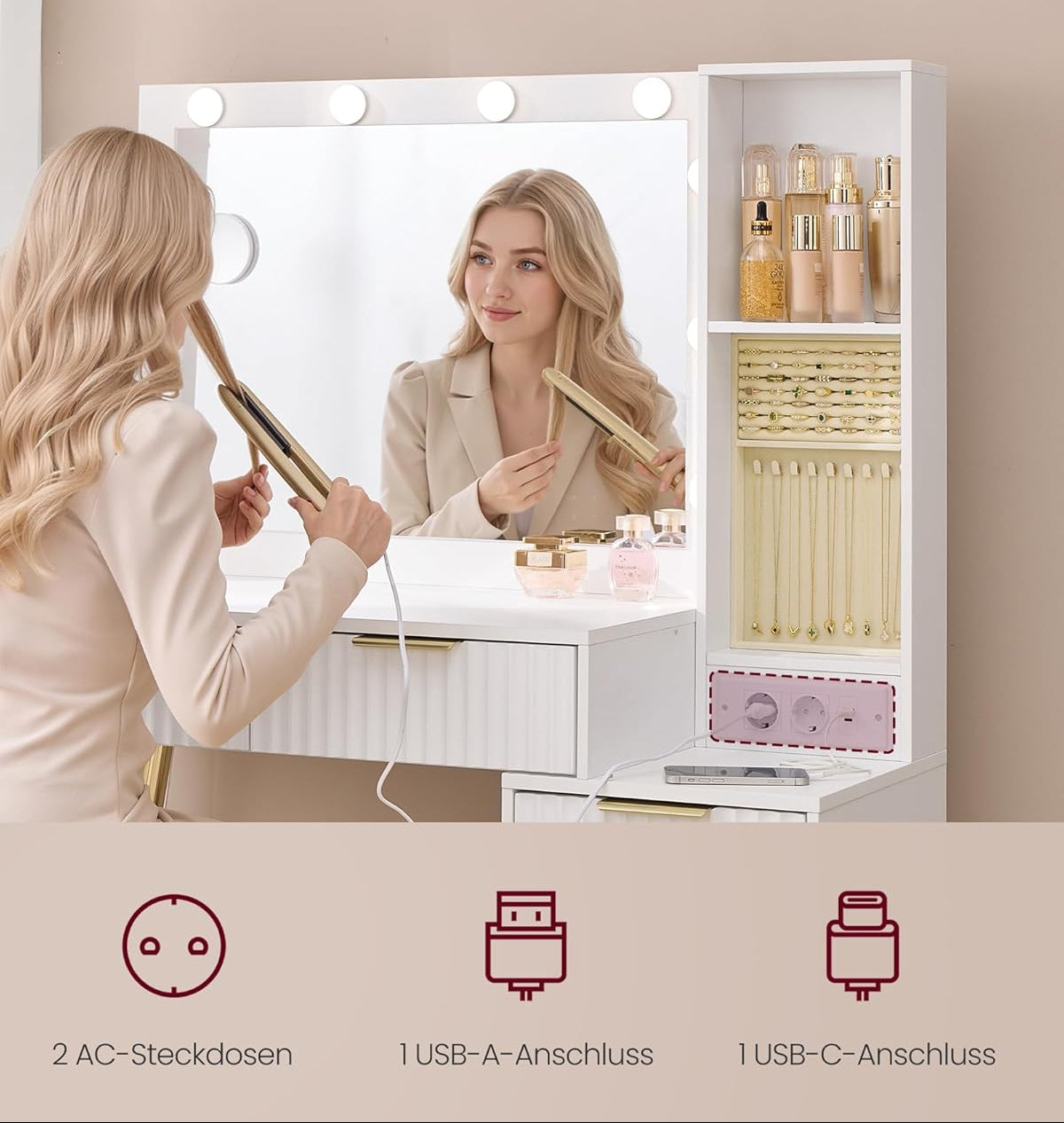 Τραπέζι Μπουντουάρ Μακιγιάζ Tουαλέτας Με Σκαμπό Κρεβατοκάμαρας Καθρέφτης Φώτα LED με Πρίζες 110εκ B0F-6YG3QHV