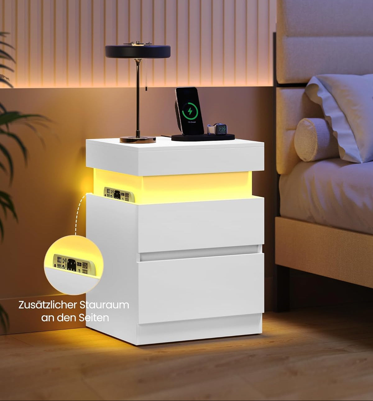 Κομοδίνο με Σταθμό Φόρτισης Σετ 2 τεμαχίων Φωτισμός LED Βοηθητικό Τραπεζάκι Μοντέρνο με Συρτάρια, 2 Πρίζες AC και Θύρες USB LET-829WB01