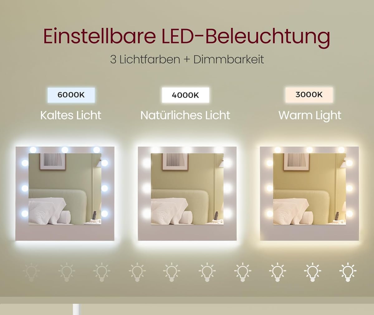 Τραπέζι Μπουντουάρ Μακιγιάζ Tουαλέτας με Καθρέφτη και φώτα LED Πολύπριζο Συρτάρια 3 χρώματα Φωτός RD-T141WB02