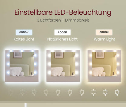 Τραπέζι Μπουντουάρ Μακιγιάζ Tουαλέτας με Καθρέφτη και φώτα LED Πολύπριζο Συρτάρια 3 χρώματα Φωτός RD-T141WB02