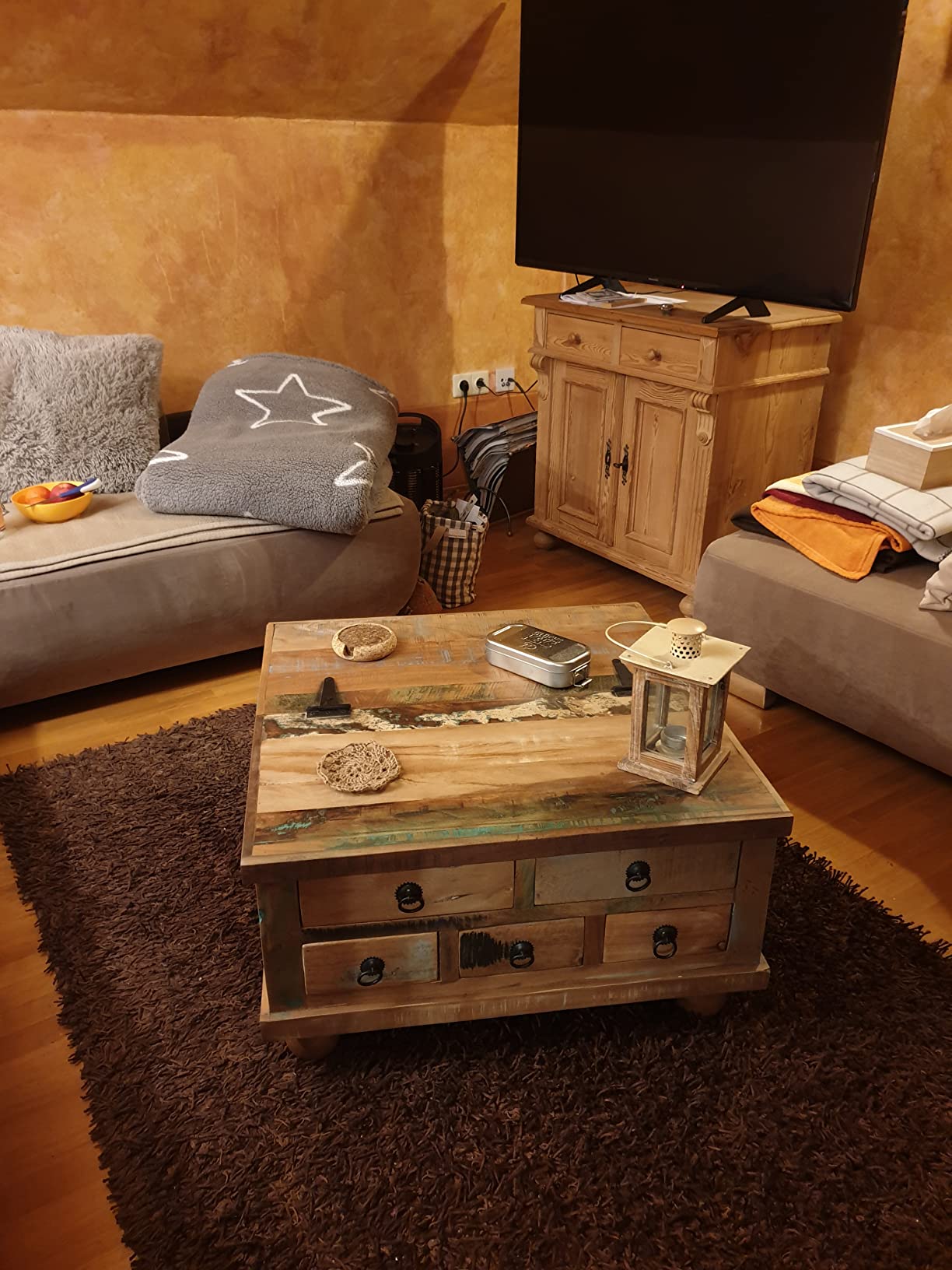 Τραπέζι Σαλονιού Τραπεζάκι Καφέ Βοηθητικό Ανακυκλωμένο Ξύλο Μασίφ Μεγάλο Τετράγωνο με Συρτάρια Τραπέζι Καναπέ 1243978