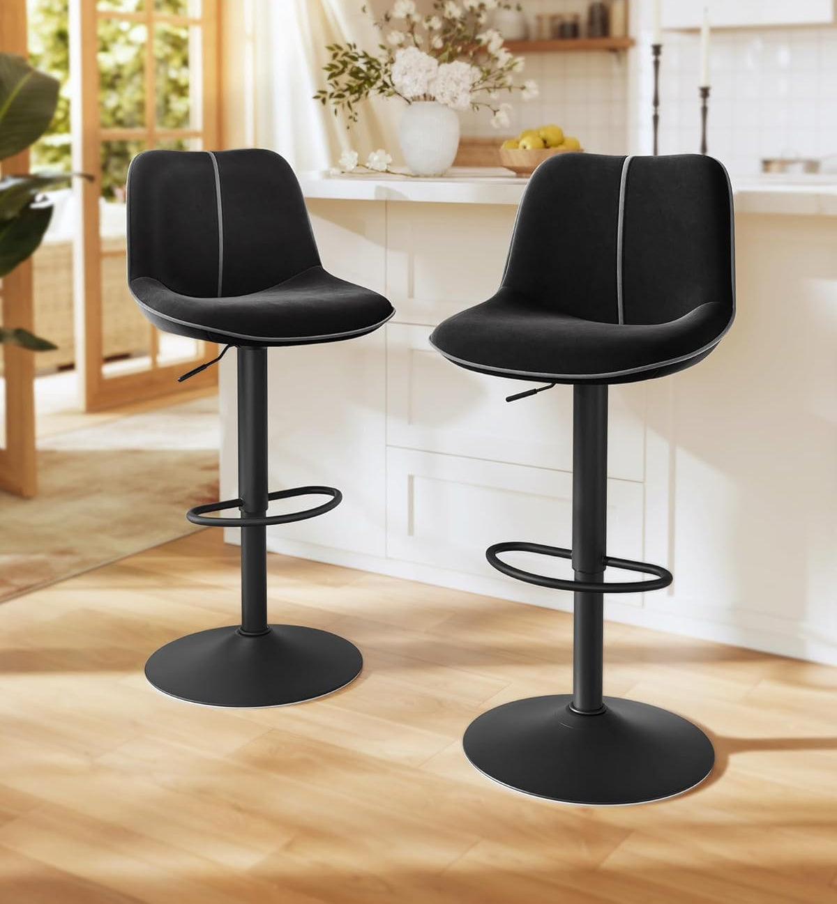 Σκαμπό για Πάσο Κουζίνας Σετ 2 τεμ Εργονομικό Κάθισμα Μπαρ Ρυθμιζόμενο Ύψος 63-84 εκ Μεγάλη Σταθερή Βάση Μαύρο LJ-B188B01