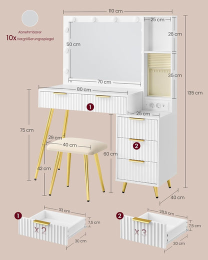 Τραπέζι Μπουντουάρ Μακιγιάζ Tουαλέτας Με Σκαμπό Κρεβατοκάμαρας Καθρέφτης Φώτα LED με Πρίζες 110εκ B0F-6YG3QHV