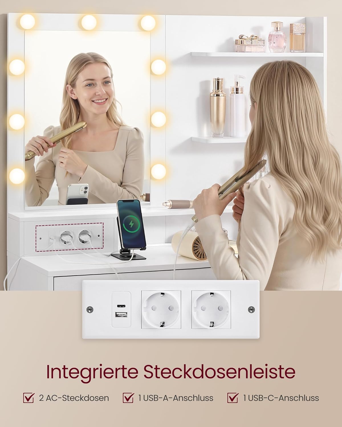 Τραπέζι Μπουντουάρ Μακιγιάζ με Καθρέφτη και Με Συρταριέρα Πτυσσόμενη Σχήμα L φώτα LED Πολύπριζο Συρτάρια 3 χρώματα Φωτός RD-T140WB01