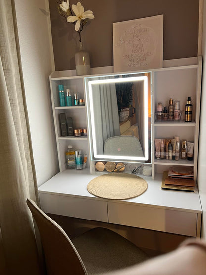 Τραπέζι Μπουντουάρ Μακιγιάζ Tουαλέτας Κρεβατοκάμαρας Καθρέφτης Με Ντουλάπι Λευκό με Φωτισμό LED Ρυθμιζόμενη Φωτεινότητα RD-T123T14