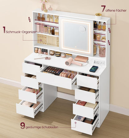 Τραπέζι Μπουντουάρ Μακιγιάζ Tουαλέτας με Καθρέφτη και φώτα LED Πολύπριζο Συρτάρια 10x μεγεθυντικός καθρέφτης 3 χρώματα Φωτός RD-T137W01