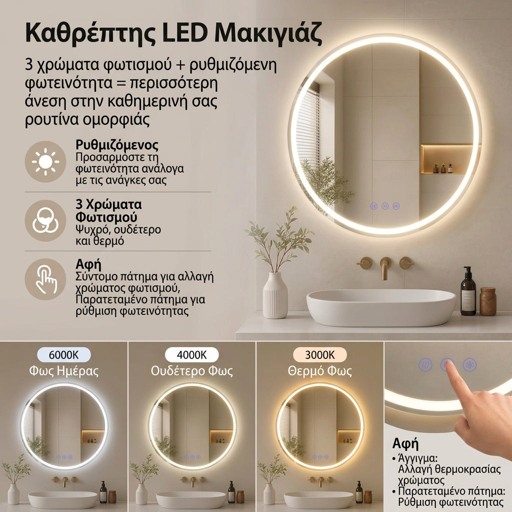 Στρόγγυλος Καθρέφτης Μπάνιου με Φως LED με Λειτουργία Ξεθαμπώματος και Ρύθμιση Φωτεινότητας 61 εκ LWM-B35211WC02