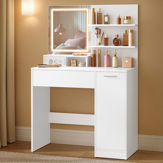 Τραπέζι Μπουντουάρ Μακιγιάζ Tουαλέτας Κρεβατοκάμαρας 80εκ Καθρέφτης με Φωτισμό LED Ρυθμιζόμενο με Πρίζα και USB Θύρες RD-T138W01