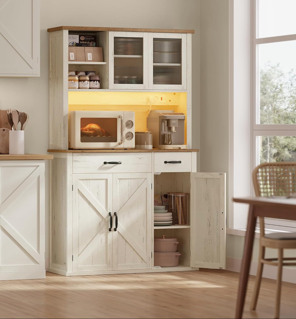 Μπουφές με φωτισμό Ντουλάπι Βοηθητικό Ράφι Κουζίνας με Συρόμενες πόρτες και συρτάρια 39,5 x 106,5 x 180,6 εκ Παλαιωμένο Λευκό BB-K391W02