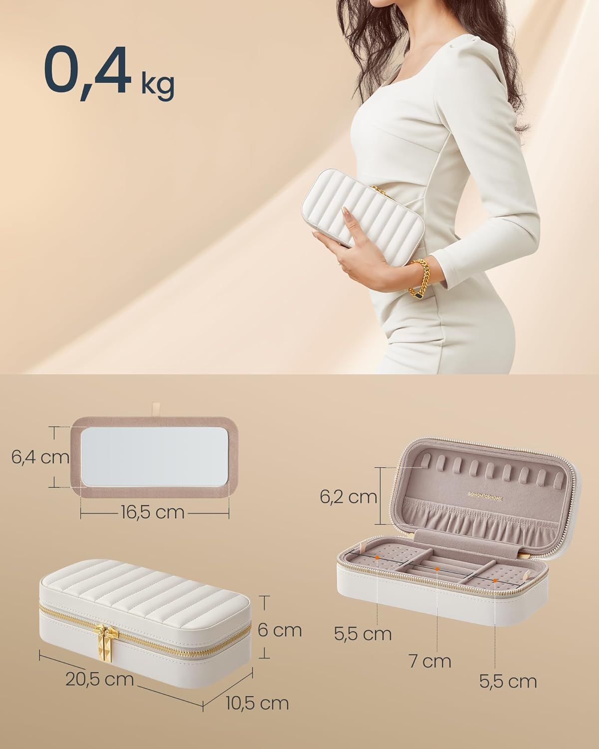 Κουτί Κοσμημάτων Ταξιδιού Νεσέρ Θήκη Κοσμημάτων με Καθρέφτη 10,5 x 20,5 x 6 εκ με φερμουάρ ιδέα για δώρο Εκρού Μπουντουάρ JB-C180W01