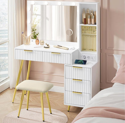 Τραπέζι Μπουντουάρ Μακιγιάζ Tουαλέτας Με Σκαμπό Κρεβατοκάμαρας Καθρέφτης Φώτα LED με Πρίζες 110εκ B0F-6YG3QHV